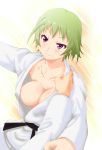  1girl blush breasts character_request dougi green_hair judo judo_throw kesuida medaka_box nabeshima_nekomi no_bra purple_eyes short_hair solo sweat 