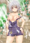 1girl alternate_costume big_breasts blush bow braid breasts broken_wall collar collarbone female grey_eyes hair_bow hands_on_hips high_res highres izayoi_sakuya large_breasts looking_at_viewer naked_overalls nipples no_bra outdoors overalls pocket_watch silver_hair solo strap_slip suspenders touhou twin_braids umyonge_(lkakeu) vines wall watch