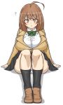  1girl ? ahoge black_legwear blazer bow bowtie breasts brown_eyes brown_hair confused huge_breasts maru_(maruttona) maruttona minoru_oba ooba_minori original panties school_uniform shoes simple_background sitting socks underwear white_background white_panties 