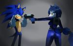 2012 anthro ass backpack big_ass blue_eyes blue_fur blue_hair blush breasts canine circlet color crossover eye_contact female fluffy_tail fox gloves gradient_background green_eyes grey_background gun gunpoint hair half-closed_eyes hedgehog krystal male naturally_censored nintendo open_mouth plain_background ranged_weapon sega short_hair sideboob smile sonic_the_hedgehog sssonic2 standing star_fox sweat tail_band tongue video_games weapon