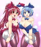  2girls animal_ears bare_shoulders big_breasts black_legwear blue_eyes blue_hair blush bow bowtie breasts bukatsu_(clubactivity) bunny_ears bunny_girl bunny_tail bunnygirl bunnysuit cleavage detached_collar fake_animal_ears fake_tail fishnets hair_ornament hairband hairclip heart huge_breasts large_breasts leaning leaning_forward leotard long_hair looking_at_viewer mahou_shoujo_madoka_magica miki_sayaka multiple_girls open_mouth pantyhose playboy_bunny playboy_bunny_leotard ponytail red_eyes red_hair sakura_kyouko short_hair sina_and_d smile tail tray wrist_cuffs 