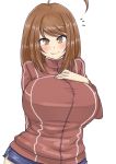  1girl ahoge blush breasts brown_eyes brown_hair huge_breasts jacket maru_(maruttona) minoru_oba ooba_minori original simple_background smile solo white_background 