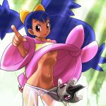 1girl axew big_hair blue_hair breasts brown_eyes cameltoe dark_skin gym_leader iris iris_(pokemon) kibago navel nintendo no_bra otsukare pants pointing pokemon pokemon_(game) pokemon_black_and_white pokemon_bw pussy see-through shirt_lift two_side_up uncensored underboob wet