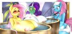 2012 bathing big_breasts blush breasts closed_eyes equine female fluttershy fog friendship_is_magic group horn horse huge_breasts hyper hyper_breasts marauder6272 my_little_pony nipples pegasus rarity spa steam unicorn water wings