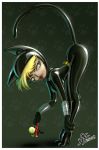 1_girl ass bent_over black_catsuit blonde_hair breasts catsuit female fernando_faria_(artist) grin hetero katnappe looking_back solo xiaolin_showdown