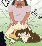  1girl ass_up blush bottomless brown_hair crayon_shin-chan dark-skinned_male dark_skin gradient_background green_background jpeg_artifacts long_hair milf misae_nohara nohara_misae open_mouth rape sad sex simple_background source_request tears text top-down_bottom-up vaginal yonro 