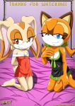  anthro bbmbbf bed beige_fur blue_eyes brown_eyes cleavage clothing comic cream_the_rabbit female lagomorph looking_at_viewer marine_the_raccoon mobius_unleashed palcomix poolside_fun sega smile sonic_(series) sonic_the_hedgehog_(series) text 