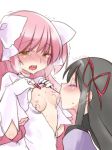 2girls akemi_homura bad_id black_hair blush bow breast_sucking breasts choker closed_eyes hair hair_bow hair_ribbon kaname_madoka ko_ru_ri long_hair mahou_shoujo_madoka_magica multiple_girls nipples open_mouth pink_hair ribbon ribbon_choker saliva spoilers sweat tears torn_clothes trembling ultimate_madoka white_background yellow_eyes yuri