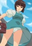 1girl black_eyes breasts brown_hair cameltoe cloud clouds karasumaru kyosu legs looking_down nabiki_tendo panties ranma_1/2 school_bag school_uniform short_hair skirt skirt_lift sky solo standing thighs underwear upskirt white_panties wind