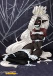  1girl ackanime bdsm black_skin bondage bound breasts collar dark_elf dark_skin drow elf female long_hair navel nipples pointy_ears pubic_hair red_eyes silk solo spider_web spiderweb torn_clothes white_hair 