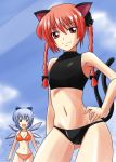 2girls animal_ears bare_shoulders bikini bow braid cat_ears cat_tail cirno flat_chest hair hair_bow hand_on_hip high_res highres hips kaenbyou_rin light_smile midriff multiple_girls multiple_tails navel nishi_koutarou pose posing red_eyes red_hair short_hair small_breasts swimsuit tail tankini touhou twin_braids wings