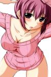 1girl bare_legs big_breasts blush breasts cleavage highres hoshizora_ikuyo large_breasts looking_at_viewer milf naked_sweater nishi_koutarou precure red_eyes red_hair ribbed_sweater short_hair simple_background smile_precure! solo sweater white_background