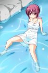 1girl bare_legs bare_shoulders blush dress hair_ribbon highres hoshizora_ikuyo nishi_koutarou off_shoulder partially_submerged precure red_eyes red_hair ribbon river shiny shiny_skin shirt skirt smile_precure! solo strap_slip taut_clothes taut_shirt water wet wet_clothes white_dress white_skirt