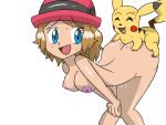 1boy 1girl bent_over blue_eyes breasts female female_human female_human/male_pokemon human/pokemon interspecies male male_pokemon nude nude_female piggyback_sex pikachu pokemon pokephilia serena serena_(pokemon) sex white_background