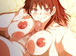 1girl big_breasts blush breast_squeeze breasts brown_hair censored feet hair long_hair looking_at_viewer mizuryuu_kei momoe_maria nipples nude ookiku_furikabutte paizuri penis smile squatting standing sweat toes