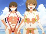 2girls areola big_breasts blush braid breasts brown_hair character_request clouds hair long_hair looking_at_viewer mizuryuu_kei momoe_maria multiple_girls navel ookiku_furikabutte open_mouth sky sling_bikini slutty smile standing sweat twin_tails