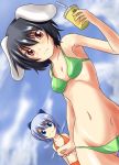  2girls bare_shoulders bikini black_hair blush cirno drink frown groin hair high_res highres inaba_tewi mound_of_venus multiple_girls navel nishi_koutarou red_eyes short_hair smile swimsuit touhou 