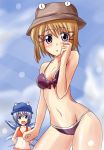 2_females 2_girls 2girls bikini blue_eyes blue_hair blush breasts brown_hair cirno cleavage female female_only front-tie_top groin hair hair_ribbon hat headgear high_res highres looking_at_viewer moriya_suwako mound_of_venus multiple_girls navel nishi_koutarou number_9 open_mouth outdoors purple_eyes ribbon short_hair swimsuit touhou wings