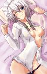 1girl bed bed_sheet black_panties blue_eyes blush braid breasts cleavage dress_shirt female groin high_res highres izayoi_sakuya lying maid_headdress mound_of_venus navel nishi_koutarou no_bra no_pants on_back one_eye_closed open_clothes open_shirt panties panty_pull pillow shirt short_hair sideboob silver_hair solo touhou twin_braids underwear white_shirt wink