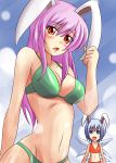 animal_ears bare_shoulders big_breasts bikini blue_eyes blue_hair blush breasts bunny_ears cirno cleavage cloud fairy high_res highres large_breasts long_hair midriff multiple_girls navel nishi_koutarou purple_hair red_eyes reisen_udongein_inaba short_hair smile sunlight swimsuit touhou wings