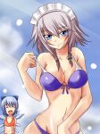 bare_shoulders big_breasts bikini blue_eyes blue_hair blush bow breasts cirno cleavage closed_eyes cloud fairy front-tie_top hair hair_bow highres izayoi_sakuya large_breasts maid_headdress midriff multiple_girls navel nishi_koutarou short_hair silver_hair smile sunlight swimsuit teasing touhou wings