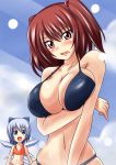 2girls big_breasts bikini blue_eyes blue_hair blush breast_hold breasts bust cirno hair hair_bobbles hair_ornament high_res highres large_breasts multiple_girls nishi_koutarou onozuka_komachi red_eyes red_hair short_hair swimsuit touhou twin_tails twintails upper_body