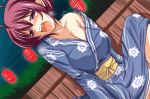 1girl ahoge blush breasts cleavage fence hoshizora_ikuyo japanese_clothes kimono lantern nishi_koutarou off_shoulder open_mouth precure red_eyes red_hair smile_precure! solo spread_legs yukata