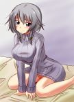 1girl alternate_costume bed big_breasts blue_eyes blush bottomless braid breasts female high_res highres izayoi_sakuya large_breasts naked_sweater nishi_koutarou no_hat no_headwear no_panties short_hair silver_hair simple_background sitting smile solo sweat sweater touhou twin_braids wariza