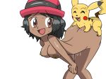 1boy 1girl bent_over breasts female female_human female_human/male_pokemon human/pokemon interspecies male male_pokemon nude nude_female piggyback_sex pikachu pokemon pokephilia serena serena_(pokemon) sex white_background