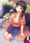  1girl alcohol arm_support black_hair blush braid breast_slip breasts brown_eyes brown_hair erect_nipples feet_in_water female flower hanasaku_iroha japanese japanese_clothes kichiroku kimono large_breasts long_hair looking_at_viewer looking_up nail_polish nipples one_breast_out onsen oshimizu_nako parted_lips sake see-through sitting soaking_feet solo tray twin_braids uniform waitress wardrobe_malfunction water wet yukata 