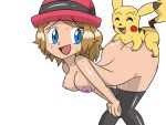 1boy 1girl bent_over blue_eyes breasts female female_human female_human/male_pokemon human/pokemon interspecies male male_pokemon nude nude_female piggyback_sex pikachu pokemon pokephilia serena serena_(pokemon) sex stockings white_background