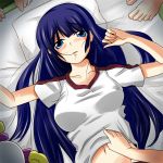 1girl aoki_reika blue_eyes blue_hair blush candy_(smile_precure!) gym_uniform hair_in_mouth long_hair lying navel nishi_koutarou on_back pillow precure shirt_lift smile_precure!