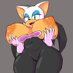  1girl 2020 anthro areola bat bat_ears bat_wings belly big_breasts black_clothing blue_eyes breasts chiropteran clothing eyeshadow fupoo furry grey_background hair hand_on_breast huge_breasts mammal membrane_(anatomy) membranous_wings nipples rouge_the_bat sega simple_background sonic_the_hedgehog_(series) tan_skin teal_eyes thick_thighs white_hair wide_hips wings 