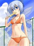 bikini blue_eyes blue_hair blush bow cirno fairy fence food hair_bow high_res highres nishi_koutarou open_mouth popsicle short_hair swimsuit touhou wings