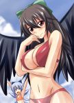 2girls arms_up bare_shoulders big_breasts bikini black_hair black_wings blue_eyes blue_hair blush bow breasts cirno cleavage erect_nipples groin hair hair_bow high_res highres large_breasts long_hair looking_at_viewer mound_of_venus multiple_girls navel nishi_koutarou red_eyes reiuji_utsuho short_hair smile swimsuit touhou wings