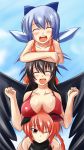 animal_ears bare_shoulders big_breasts bikini black_hair black_wings blue_hair blush bow braid breast_hat breast_rest breasts breasts_on_head cat_ears cirno cleavage closed_eyes fairy hair hair_bow highres kaenbyou_rin large_breasts long_hair multiple_girls nishi_koutarou red_eyes red_hair reiuji_utsuho short_hair smile swimsuit touhou twin_braids wings