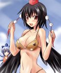 2girls bare_shoulders big_breasts bikini black_hair black_wings blue_eyes blue_hair blush bow breasts bust cirno cleavage cloud hair hair_bow hat headgear high_res highres large_breasts looking_at_viewer multiple_girls nishi_koutarou red_eyes shameimaru_aya short_hair smile sunlight swimsuit tokin_hat touhou upper_body wings