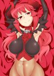  1girl breasts cleavage high_res highres hips horns maou_beluzel navel no_panties original pantyhose red_eyes red_hair sheer_legwear smile solo toudori yuusha_to_maou 