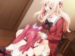 2girls bare_shoulders blonde_hair blue_eyes blush censored closed_eyes clothes_down cunnilingus game_cg hair hand_on_another's_head hand_on_head hands_on_another's_head hands_on_head legs long_hair matsubara_yuuna multiple_girls no_panties oda_nanami open_mouth oral peko petals ponytail purple_eyes purple_hair pussy_juice pussylicking red_hair school_uniform sitting sono_hanabira_ni_kuchizuke_wo tongue twin_tails twintails yuri