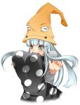 1girl aoinagi blue_eyes blue_hair bouncing_breasts breasts dress eruka_frog female hat huge_breasts long_hair open_mouth polka_dot solo soul_eater witch_hat wizard_hat