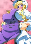  1girl belly belly_grab big_breasts blonde_hair blue_eyes blush breasts dress fat female hat huge_breasts large_breasts long_hair pinching plump solo tabard toudori touhou trigram weight_conscious yakumo_yukari 