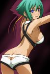 1girl aquarion_(series) aquarion_evol armpits ass back breasts butt_crack dark_skin green_hair haruyama haruyama_kazunori looking_at_viewer looking_back purple_eyes revealing_clothes short_hair short_shorts shorts sideboob smile solo thighs zessica_wong