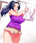 1girl ahoge breasts clothesline curvy from_below huge_breasts idolmaster laundry miura_azusa plump ponytail purple_hair red_eyes smile solo wide_hips yokkora