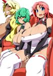  3girls blonde_hair blue_eyes blush braid breasts brown_eyes cleavage cosplay dark_skin dream_c_club fang female futaba_riho futaba_riho_(cosplay) green_hair grin hong_meiling horn hoshiguma_yuugi huge_breasts kazami_yuuka long_hair multiple_girls open_mouth red_hair rui_(dream_c_club) rui_(dream_c_club)_(cosplay) sitting smile thick_thighs thighhighs thighs toudori touhou twin_braids v_arms white_legwear youkai 