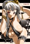  1girl 961_production adjusting_hair alluring bare_shoulders bent_over bikini bracelet breasts cleavage garter garters hairband huge_breasts idolmaster jewelry long_hair pretzel_bikini red_eyes shijou_takane silver_hair sling_bikini solo swimsuit toudori voluptuous 