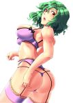  ass bad_id blush bra breasts female fishnets garter_belt garter_straps green_hair kamina_koharu kanna_koharu kazami_yuuka open_mouth panties purple_bra purple_panties purple_thong red_eyes short_hair simple_background skindentation solo stockings thighhighs thong touhou underwear underwear_only white_background 