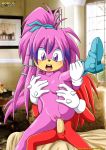 anthro archie_comics bbmbbf bedroom blush boots echidna furry julie-su knuckles_the_echidna leg_lift long_hair mobius_unleashed mouth_open nude palcomix purple_eyes sega sex sonic_(series) sonic_the_hedgehog_(series) two_tone_hair vaginal