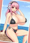 1girl bikini blush breasts female gigantic_breasts headphones highres kawase_seiki nitroplus ocean open_mouth photoshop pink_hair red_eyes super_sonico swimsuit thighs