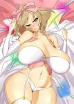 1girl bare_shoulders bed breasts brown_eyes brown_hair cameltoe capelet curvy detached_sleeves female haruka_(senran_kagura) hips huge_breasts lying mantle navel panties saliva senran_kagura senran_kagura_(series) short_hair solo thick_thighs thighs tongue toudori underwear white_panties wide_hips