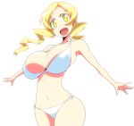 1girl adult bikini blonde_hair breasts cleavage drill_hair huge_breasts mahou_shoujo_madoka_magica navel older side-tie_bikini smile swimsuit tomoe_mami toudori twin_drills twin_tails twintails yellow_eyes